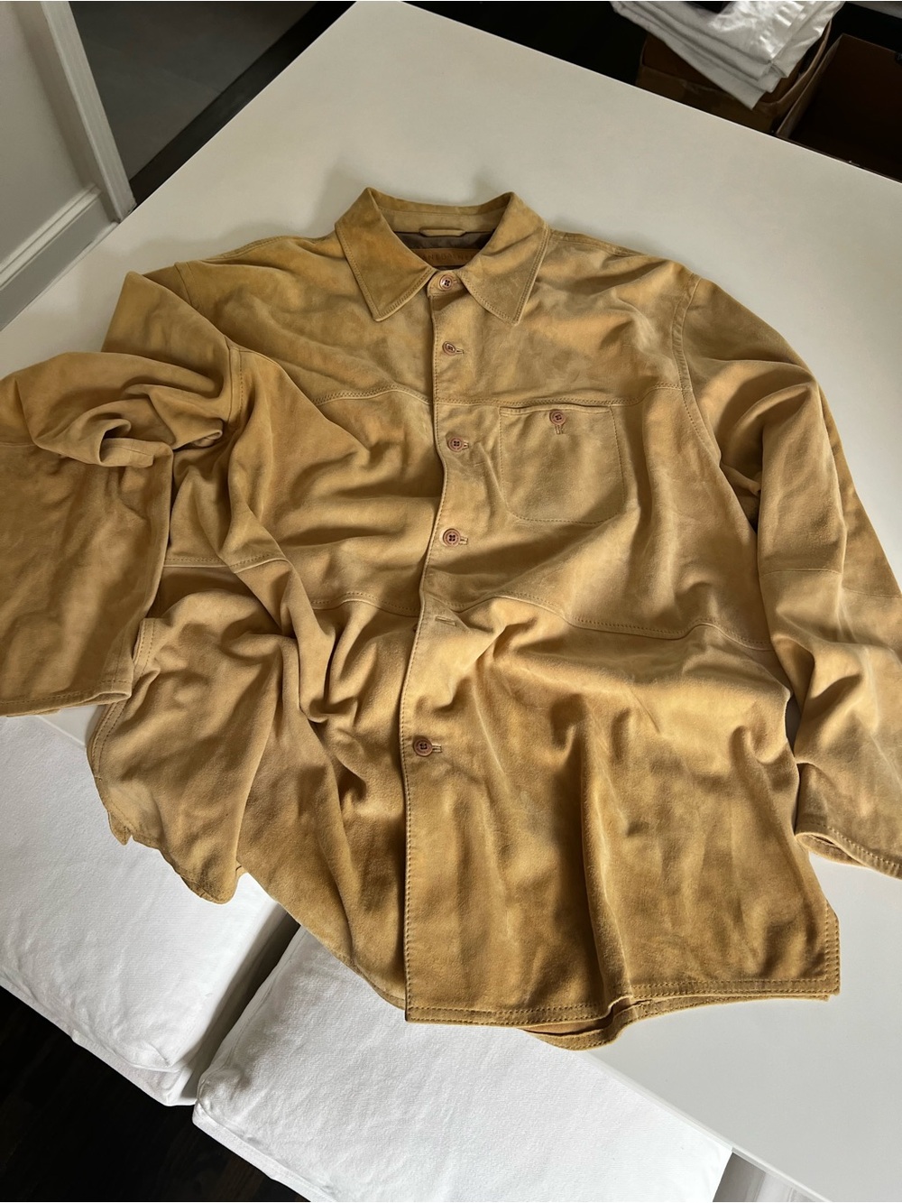 Jhane Barnes Men's Suede Button-Down Shirt Jacket in Tan size 46, xxl